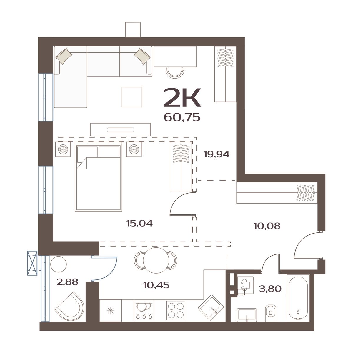 ЖК Меридианы Улисса, 2-комн кв 60,75 м2, за 7 952 000 ₽, 1 этаж